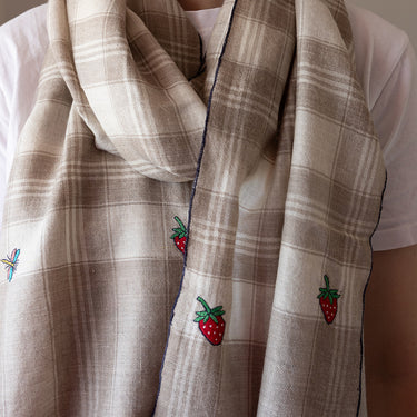 Hand Embroidered Beetle & Strawberry Stole on Checked Hand-Loomed Natural Organic Cashmere
