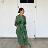  loose, long-sleeved green tie-front dress with small scattered light-colored speckles jamdani merchant campbell
