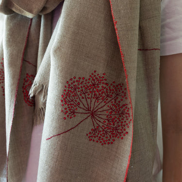 Hand Embroidered Dandelion Shawl on Hand-Loomed Natural Organic Cashmere