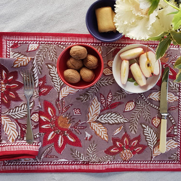 anokhi taupe & red placemat & napkin