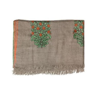 Orange and Green Floral Embroidered Natural Cashmere Shawl