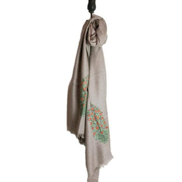 Orange and Green Floral Embroidered Natural Cashmere Shawl