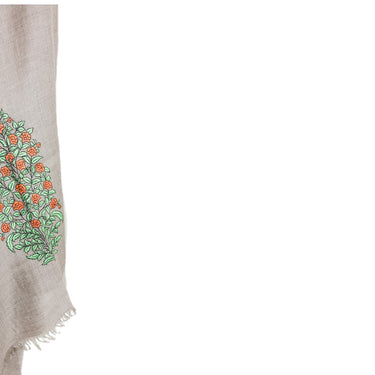 Orange and Green Floral Embroidered Natural Cashmere Shawl